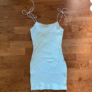 superdown mini dress aqua mint ribbed white lace shoulder tie sun bodycon cotton